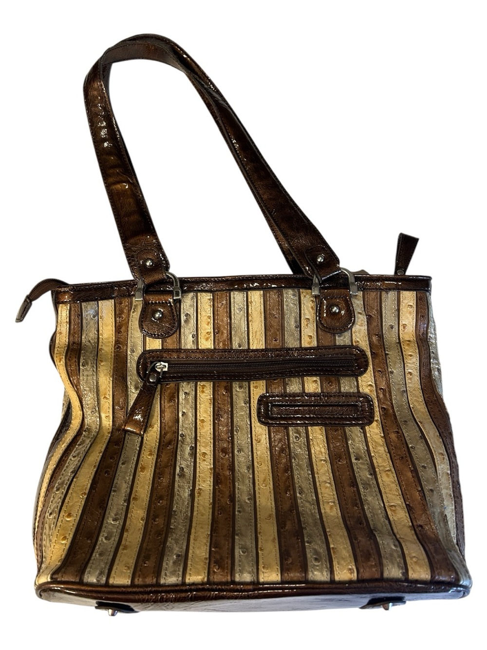 Vintage Marc Chantal Faux Ostrich Patchwork Stripe Tote Bag Brown Cream Shoulder